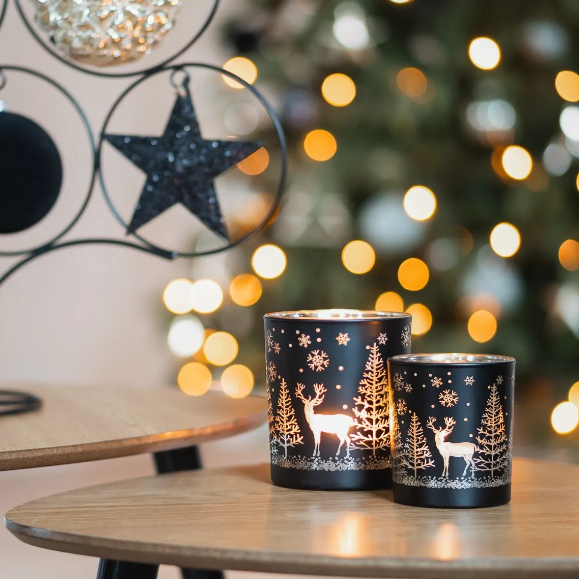 Waxinelichthouder Van Rendier In Bos | Glas | 8cm | Zwart-goud