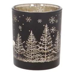 Waxinelichthouder Van Rendier In Bos | Glas | 8cm | Zwart-goud