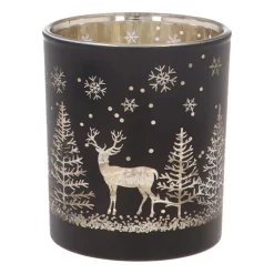 Waxinelichthouder Van Rendier In Bos | Glas | 8cm | Zwart-goud