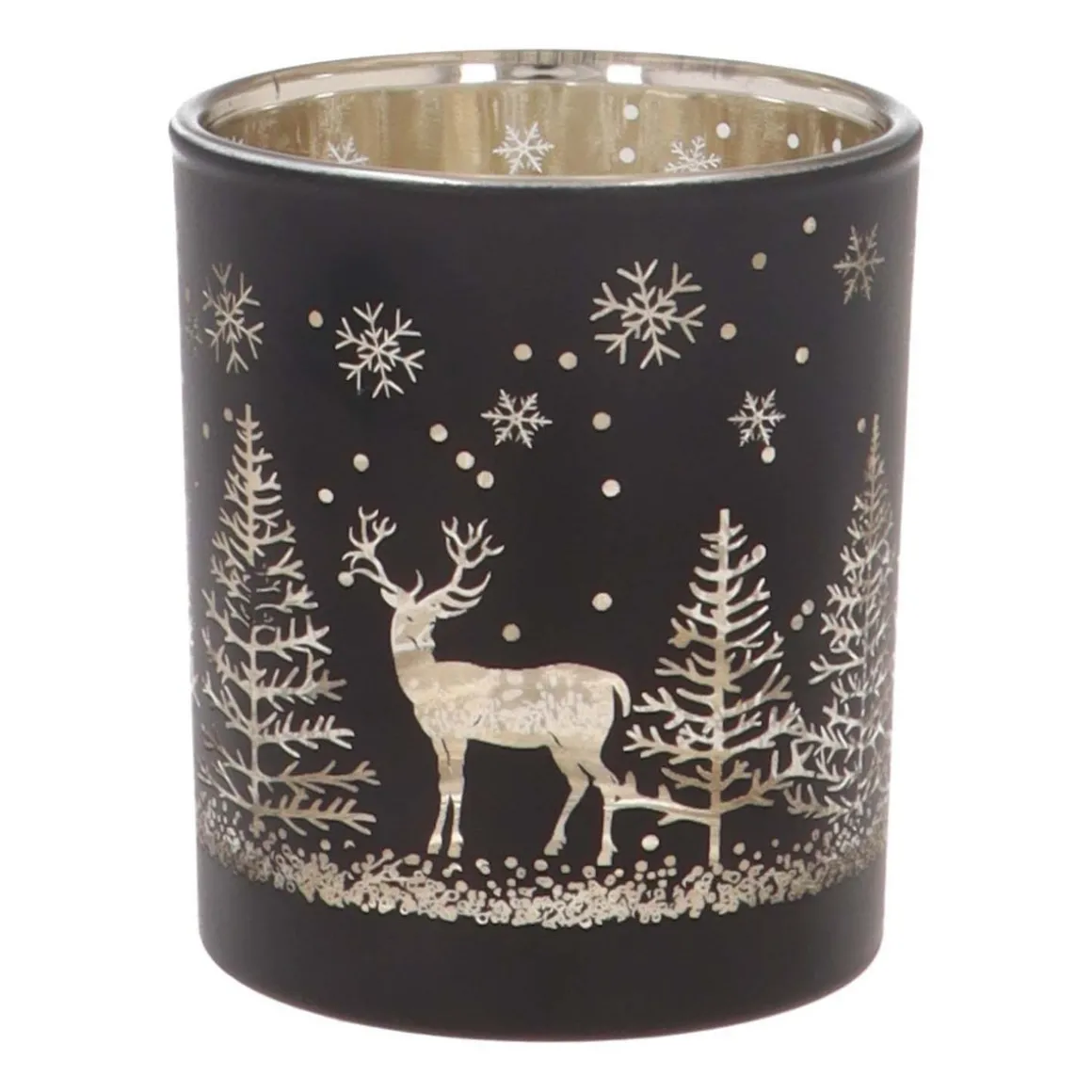 Waxinelichthouder Van Rendier In Bos | Glas | 8cm | Zwart-goud