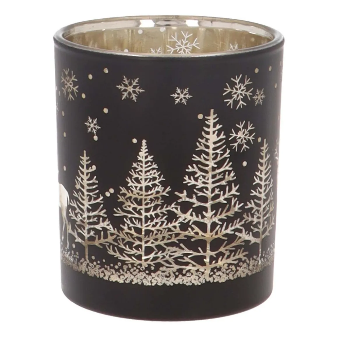 Waxinelichthouder Van Rendier In Bos | Glas | 8cm | Zwart-goud