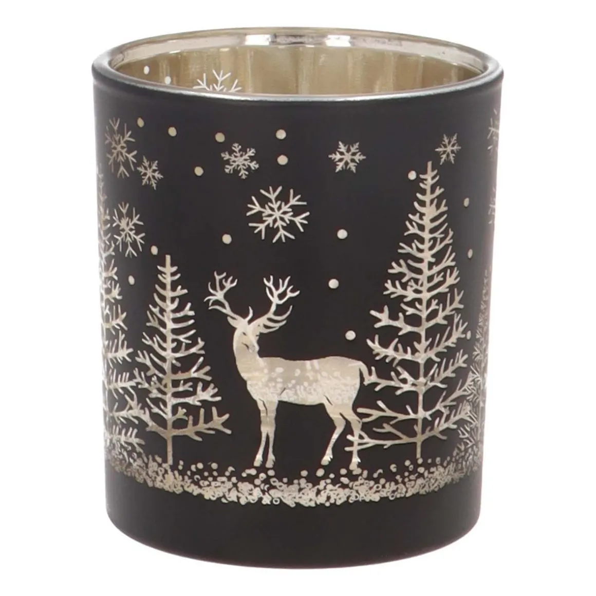 Waxinelichthouder Van Rendier In Bos | Glas | 8cm | Zwart-goud