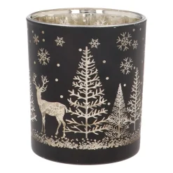 Waxinelichthouder Van Rendier In Bos | Glas | 10cm | Zwart-goud