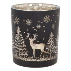 Waxinelichthouder Van Rendier In Bos | Glas | 10cm | Zwart-goud