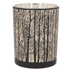 Waxinelichthouder/kaarshouder Met Silhouet Van Bos | Glas | Zwart-goud | 12,5cm