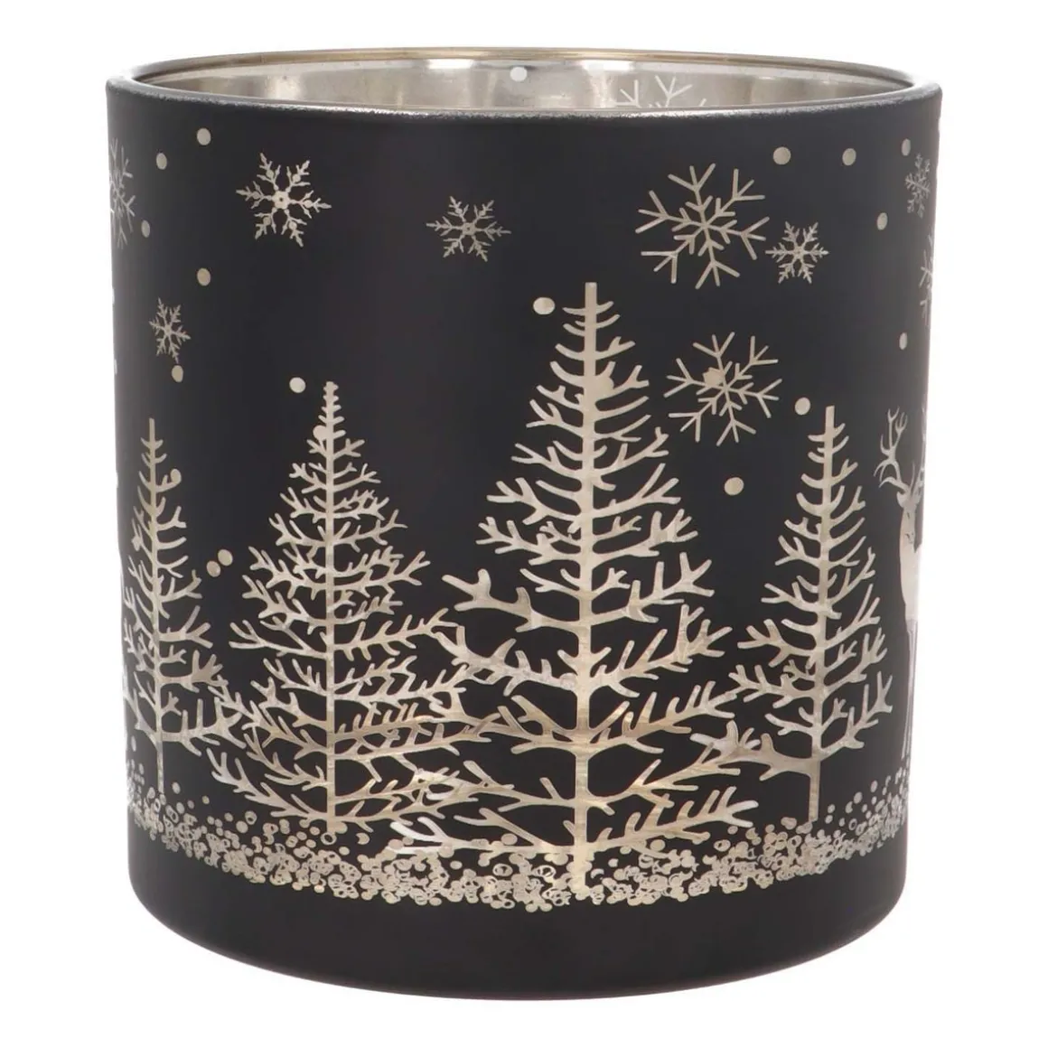 Waxinelichthouder/kaarshouder Van Rendier In Bos | Glas | 15cm | Zwart-goud