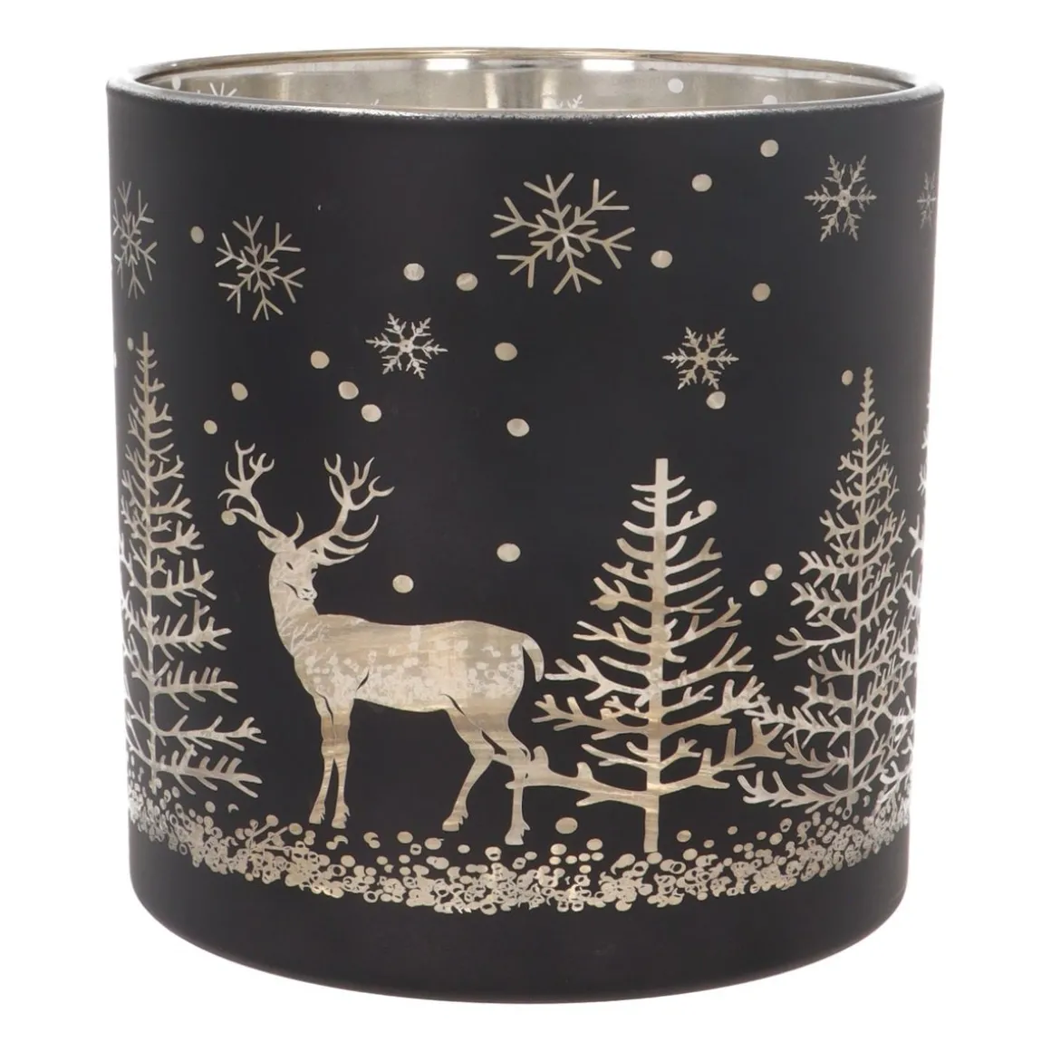 Waxinelichthouder/kaarshouder Van Rendier In Bos | Glas | 15cm | Zwart-goud