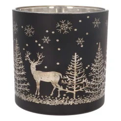 Waxinelichthouder/kaarshouder Van Rendier In Bos | Glas | 15cm | Zwart-goud