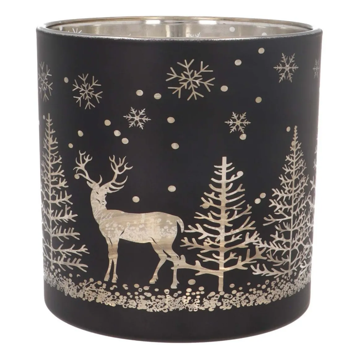 Waxinelichthouder/kaarshouder Van Rendier In Bos | Glas | 15cm | Zwart-goud