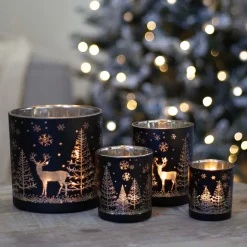 Waxinelichthouder/kaarshouder Van Rendier In Bos | Glas | 15cm | Zwart-goud