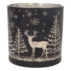 Waxinelichthouder/kaarshouder Van Rendier In Bos | Glas | 15cm | Zwart-goud