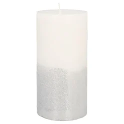 Witte Stompkaars Met Zilveren Glitter | 15 Cm