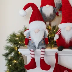 Zittende Gnoom | Rood-Grijs | Stof | 45 Cm