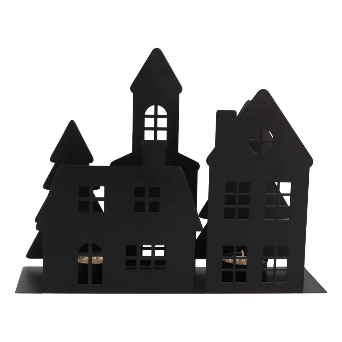 Zwart Straatje Met Huisjes En Kerk Voor Waxinelichtjes